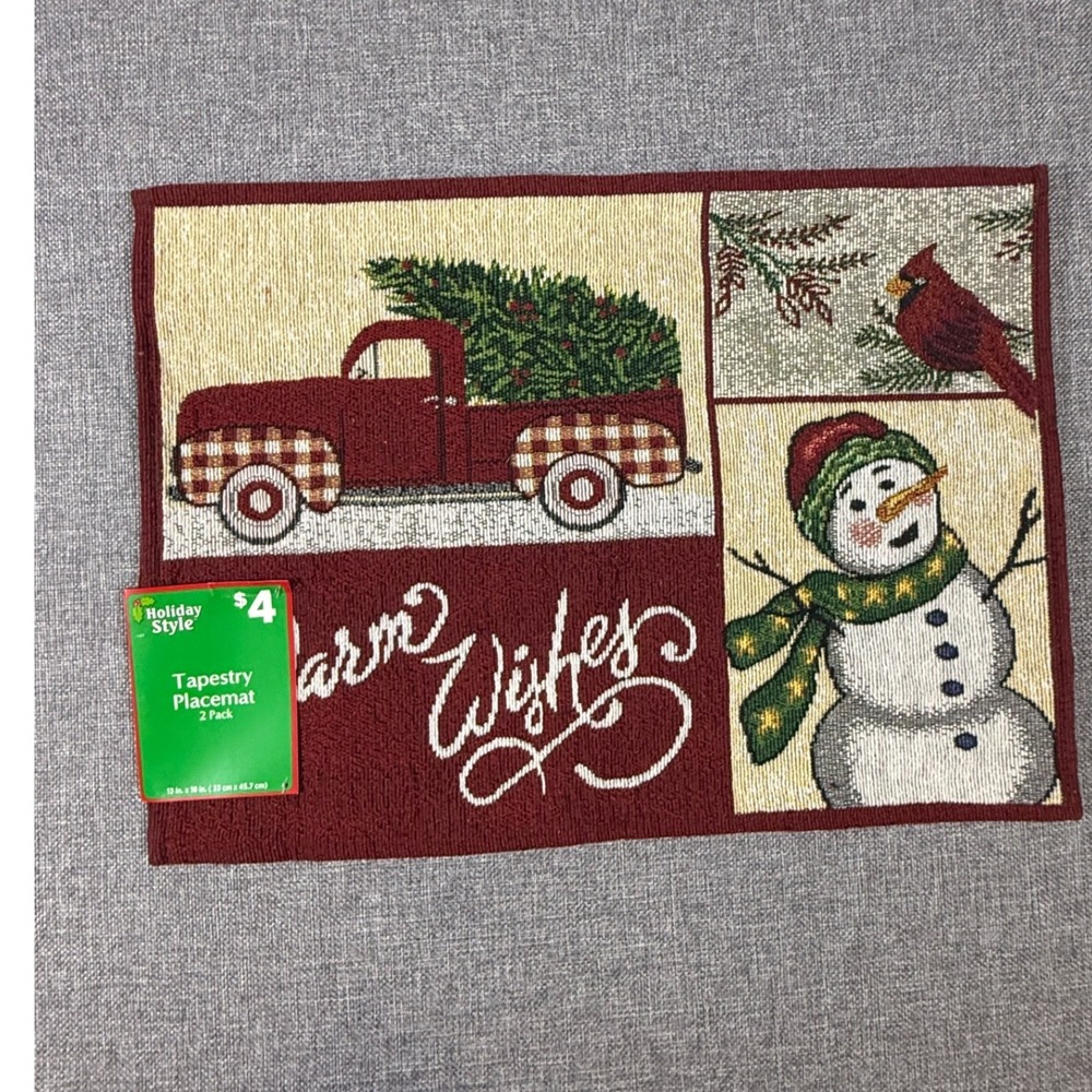 NWT Holiday Style Tapestry Placemat Set 2 Pack Red Christmas Truck Snowman